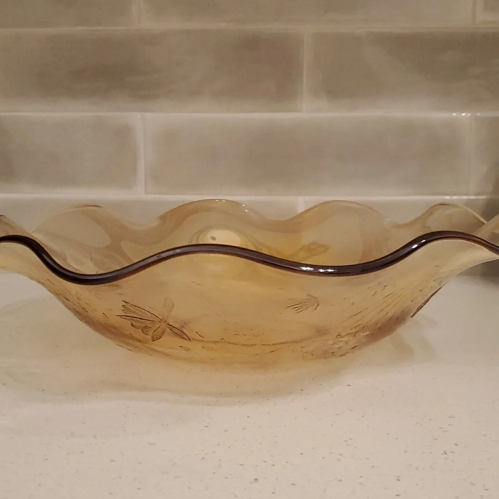 Jeanette Floragold Louisa Ruffled Bowl Carnival Glass Large 11 3/4”